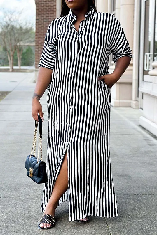 Exclusive Sale Striped Classic Single Breasted Maxi Dress