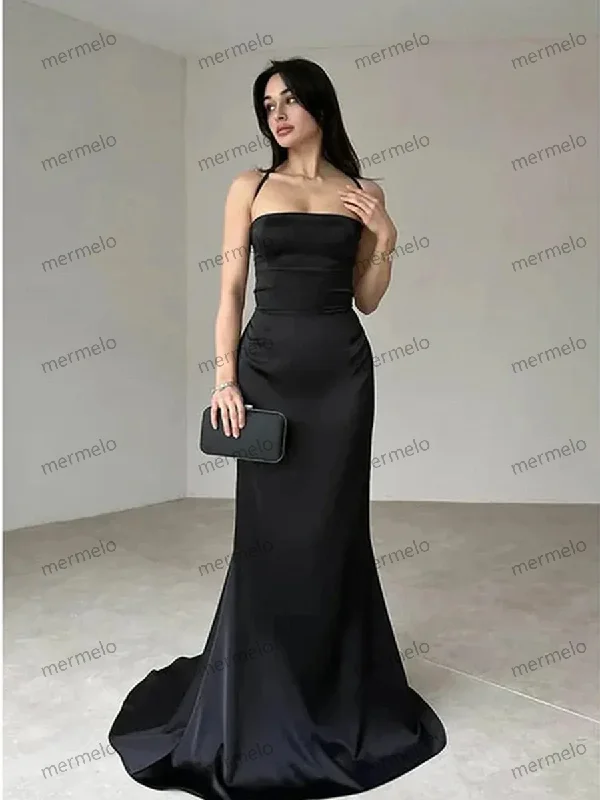 Luxe Layering Black Satin Mermaid Straps Long Formal Dress, Black Satin Prom Dress