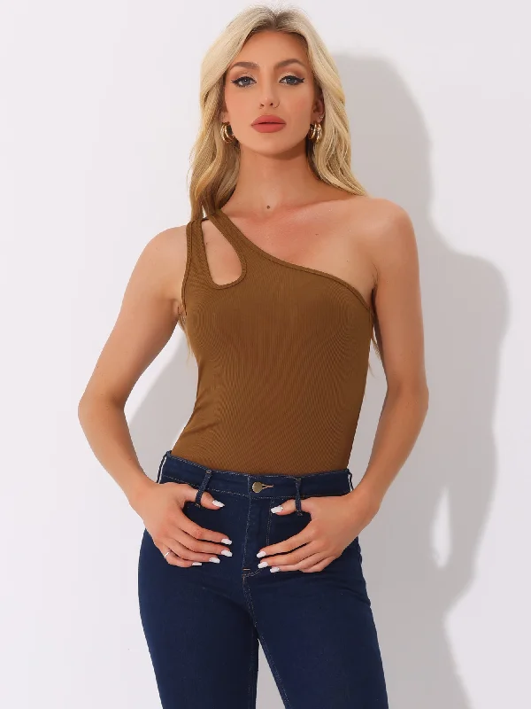 Winter Warm - Up Sale Leotard Shirt One Shoulder Ribbed Knit Slim Fit Bodysuit Tank Tops