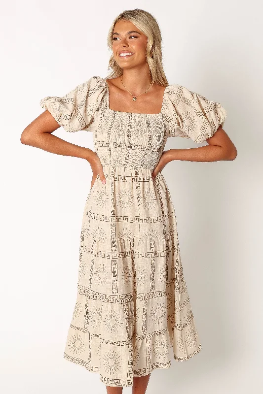 End-Of-Season Clearance Soliel Puff Sleeve Midi Dress - White Tan