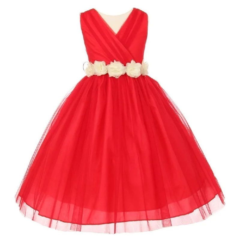 Hot Picks Little Girls Red Ivory Chiffon Floral Sash Tulle Flower Girl Dress 2-6