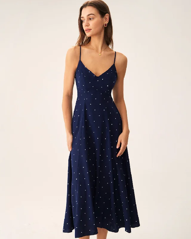 Exquisite Women's Wear Sale Navy Polka Dot Shirred Slip Midi Dress