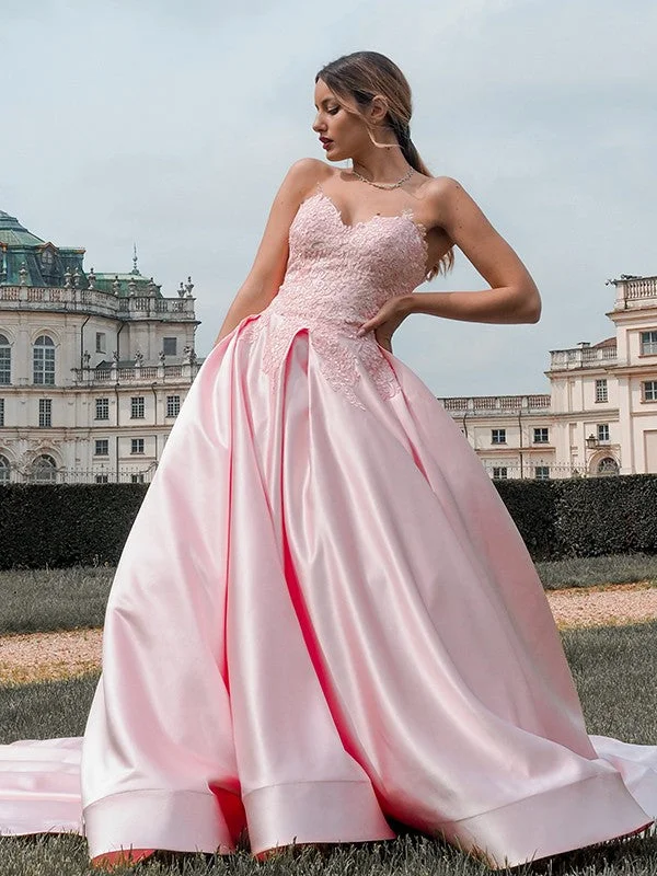 Elegant Styles Ball Gown Satin Sweetheart Lace Sleeveless Court Train Dresses