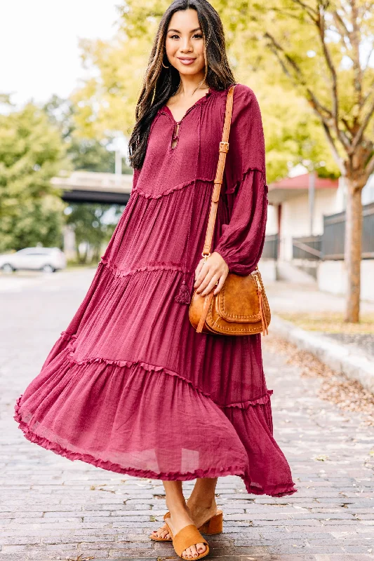 The Latest Fashion Trends Moving On Wine Red Tired Midi Dress