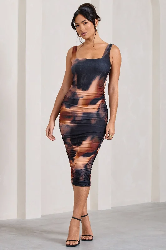 Unleash Your Style Lisbon | Orange Smoke Print Square Neck Ruched Midi Dress