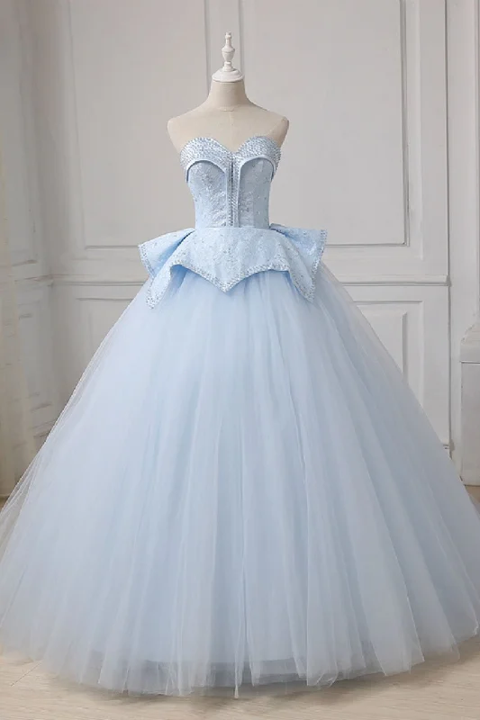 Vibrant Femme Fashion Light Blue Sweetheart Ball Gown Beading Tulle Prom Dresses N2540