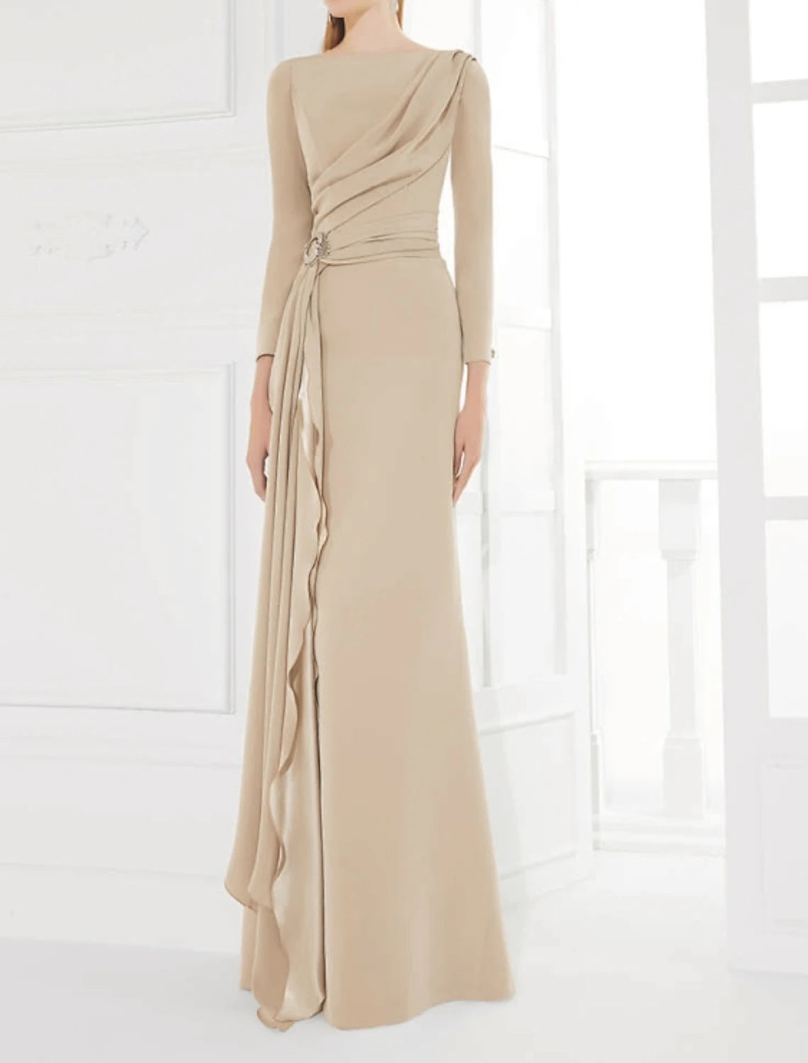 Casual Weekend Relaxed Style Sheath / Column Mother of the Bride Dress Elegant Jewel Neck Floor Length Chiffon Satin 3/4 Length Sleeve with Pleats Ruching