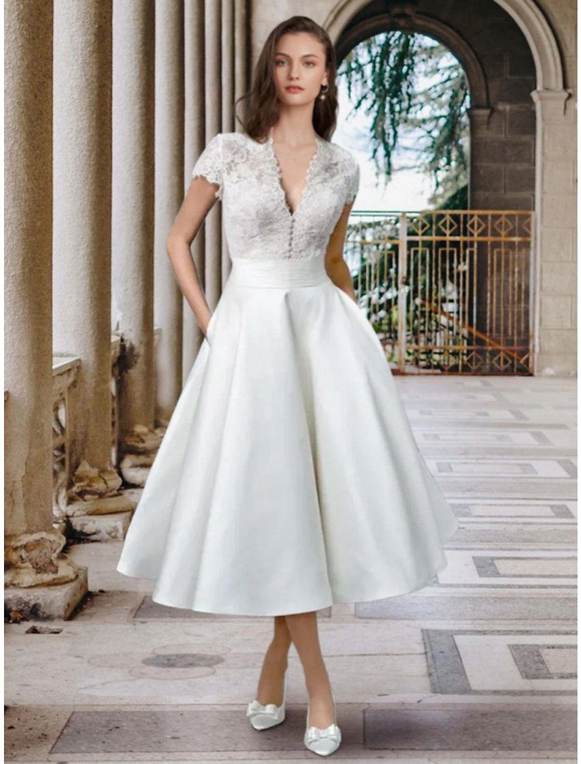 High End Designer Brands Discount Hall Simple Wedding Dresses Wedding Dresses A-Line Scoop Neck Sleeveless Tea Length Satin Bridal Gowns With Pleats Solid Color