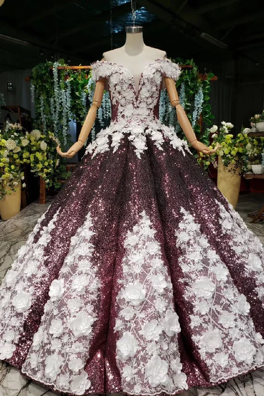 Elegant Clothing Sparkly Off the Shoulder Long Prom Dresses with Flowers Ball Gown Quinceanera Dresses N2494