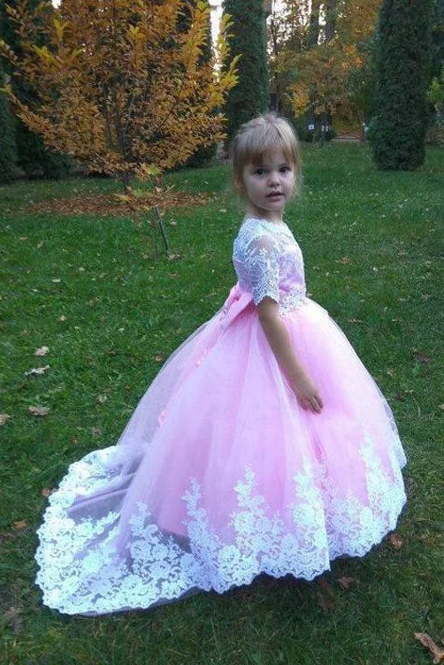 Hot Deals Ball Gown Cute Short Sleeves Long Flower Girl Dresses Lace Appliques Bow Flower Girl Dresses F079