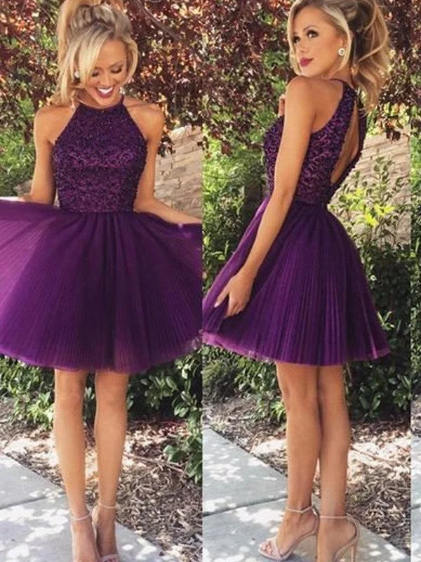 Elegant Styles A-Line/Princess Halter Sleeveless Beading Short/Mini Tulle Dresses