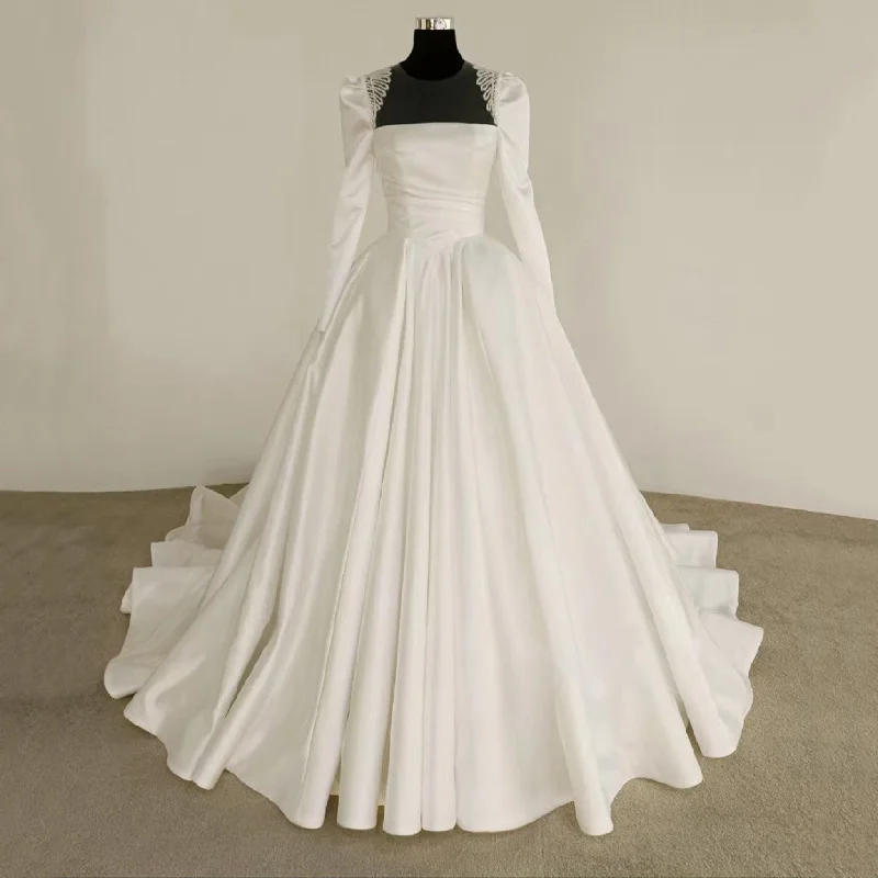 Fashion Deal Elegant Satin Long Sleeve White Draped Wedding Gowns