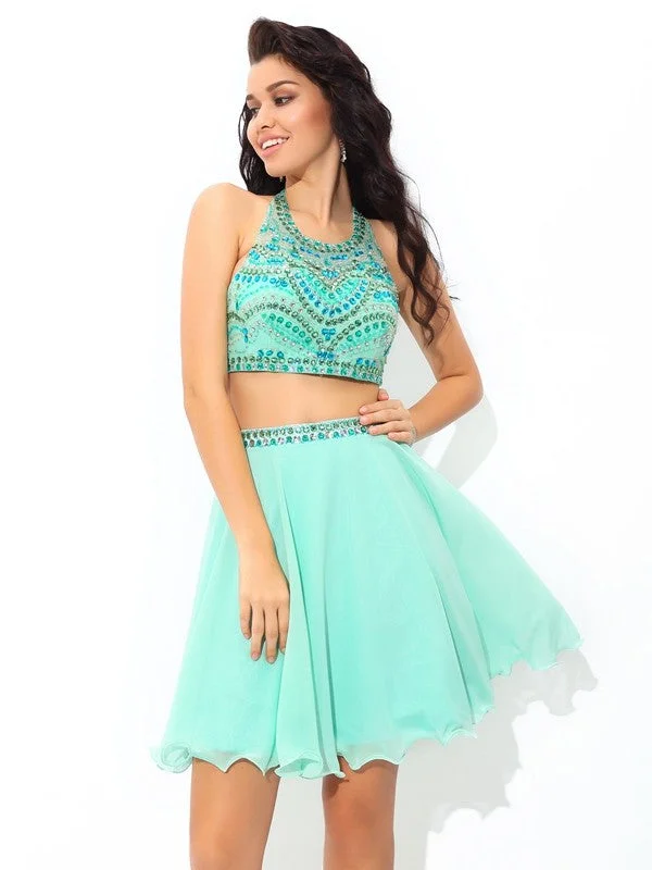 Gorgeous Glamour Collection A-Line/Princess Sheer Neck Rhinestone Sleeveless Short Chiffon Two Piece Dresses