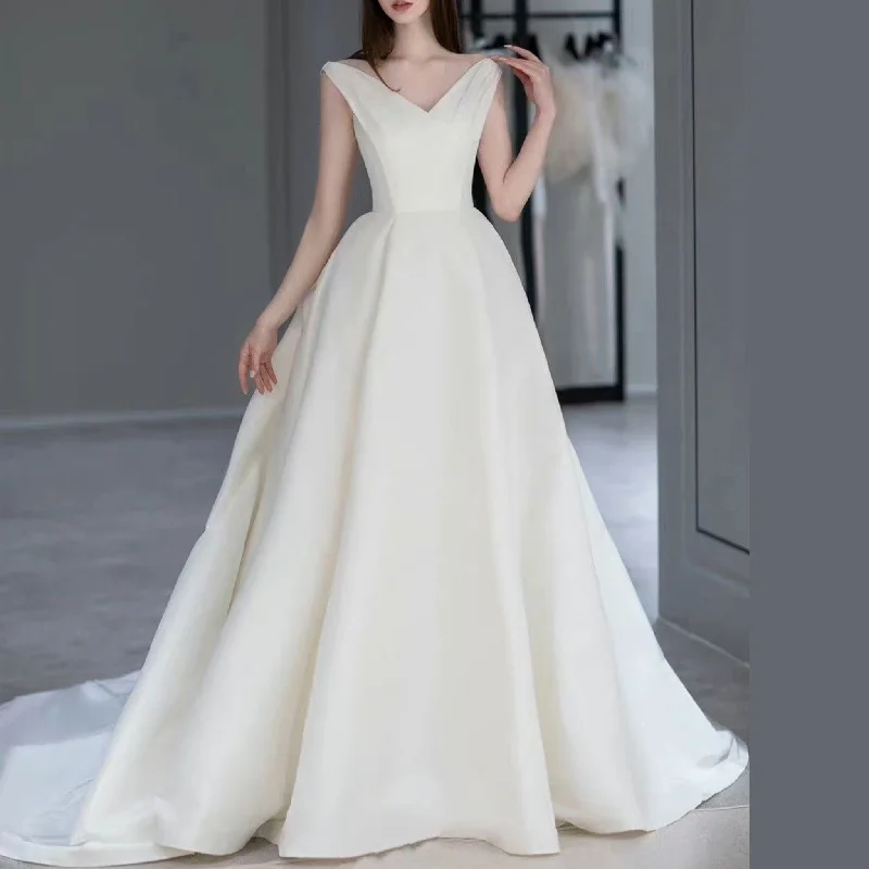 Save Big Simple Off the Shoulder V-neck Satin Wedding Dress