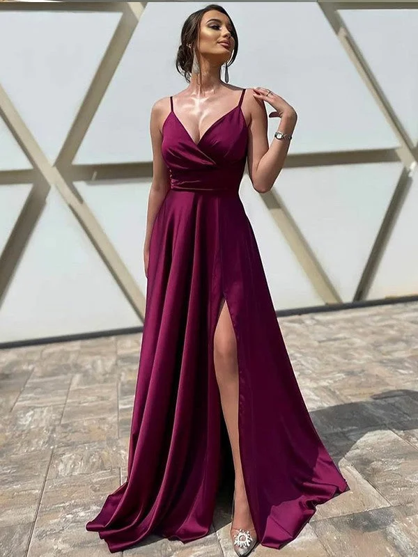 Refined Look A-Line/Princess Elastic Woven Satin Ruffles V-neck Sleeveless Sweep/Brush Train Dresses