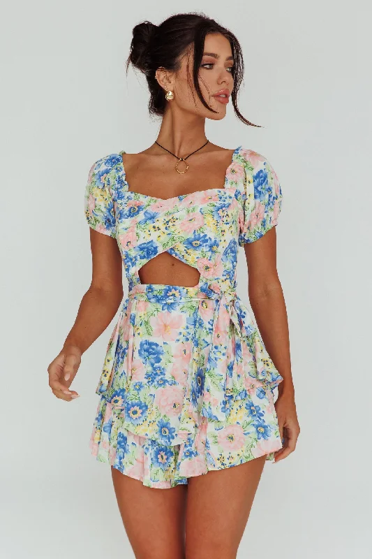 Affordable Trendy Clothes For Women Vibrant Femme Fashion Whimsical Cut-out Bodice Romper Floral Blue