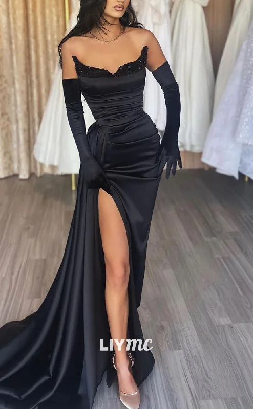 Bid Farewell To The Old Season LP2029 - V-Neck Long Sleeves Sleek Satin Fitted High Slit Prom Dress