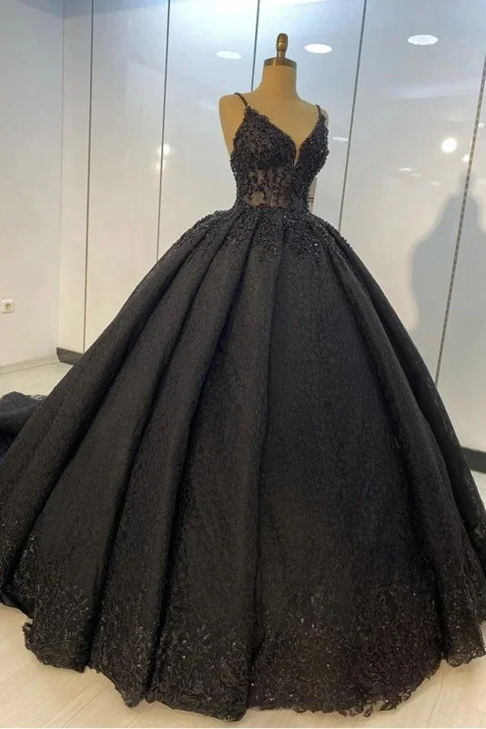 Limited Styles Amazing Ball Gown Spaghetti Straps Black Lace Long Prom Dress Princess Dress Y0175