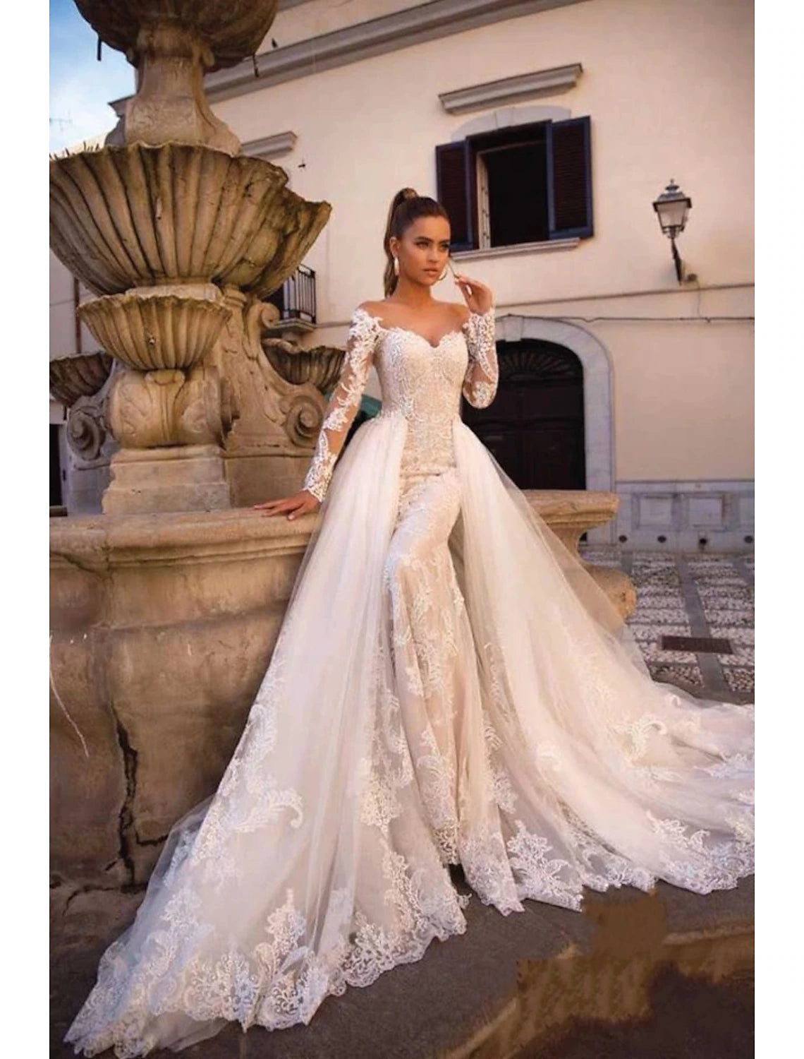 Sophisticated Outfits Engagement Formal Wedding Dresses Two Piece Sweetheart Long Sleeve Court Train Lace Bridal Gowns With Appliques