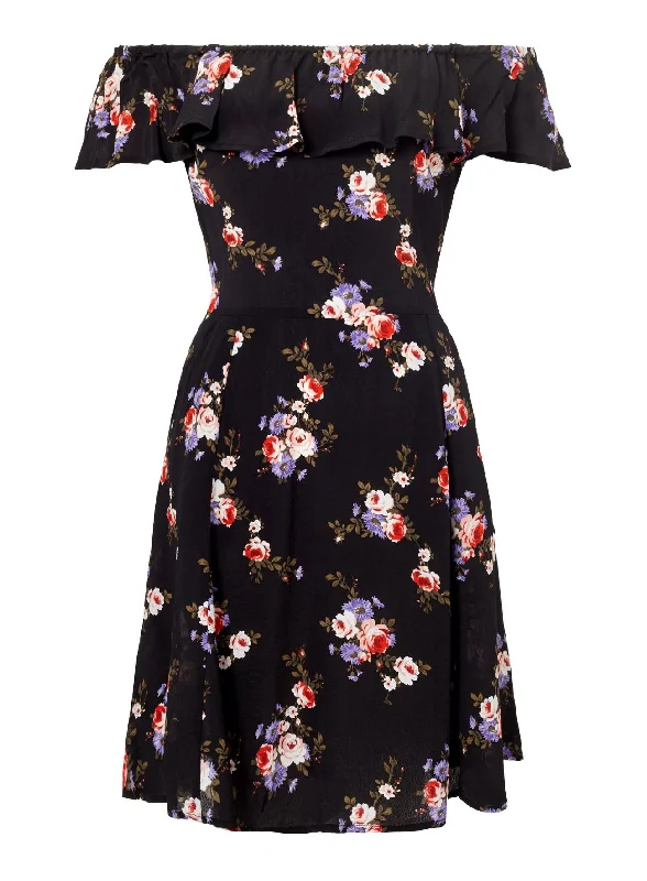 Vintage Charm Miss Selfridge Womens Black Floral Print Bardot Skater Dress