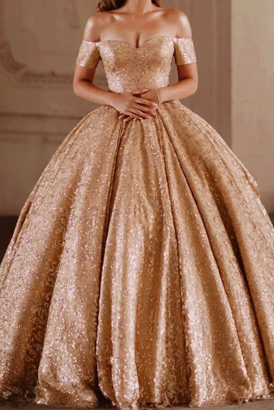 Pastel Styles Gorgeous Off The Shoulder Gold Lace Ball Gown Prom Dresses Quinceanera Dresses Y0173