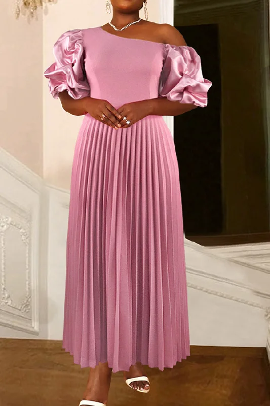 Flash Sale Starts Solid Color Rocking Oblique Collar Pleated Maxi Dress