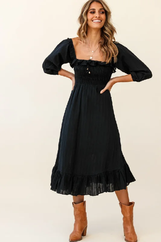 Stylish Savings Flynn Off-Shoulder Shirred Bust Midi Dress Black