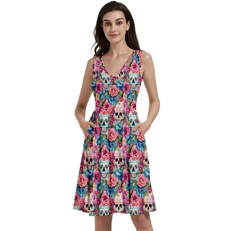 Stylish Statements Floral Sugar Skulls Sleeveless V-Neck Skater Dress with Pockets