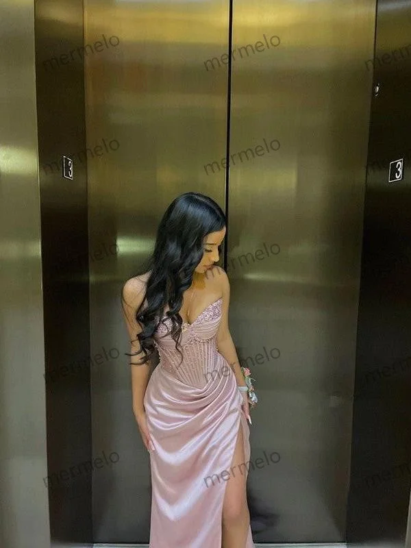 Final Clearance Elegant Sheath Sweetheart Sequin Pink Satin Slit Prom Dresses Evening Dress