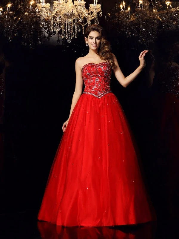 Comfort First Women's Fashion Ball Gown Sweetheart Beading Sleeveless Long Satin Quinceanera Dresses