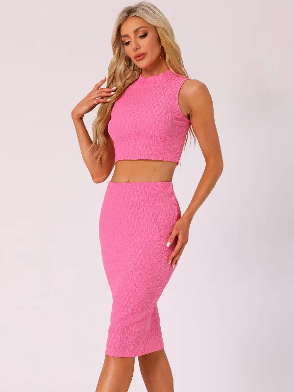 Last Chance Sale 2 Pieces Mock Neck Textured Cropped Tank Top & Midi Pencil Skirt Set