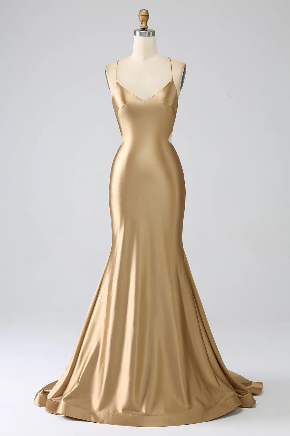 Limited - Stock Amzcw Golden Mermaid Spaghetti Straps Satin Long Prom Dress with Lace-up Back prom dress with long sleeves