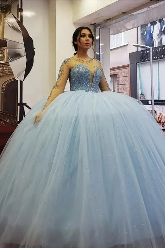 Seasonal Sale Pretty Light Sky Blue Beading Tulle Ball Gown Princess Prom Dresses Y0172