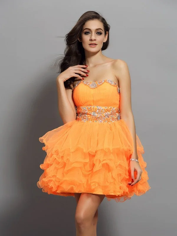 Chic And Trendy A-Line/Princess Sweetheart Ruffles Sleeveless Short Satin Cocktail Dresses