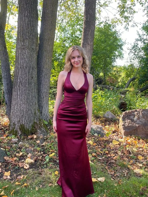 Vibrant Femme Fashion V Neck Satin Mermaid Long Evening Dress Burgundy Evening Dress       S5252