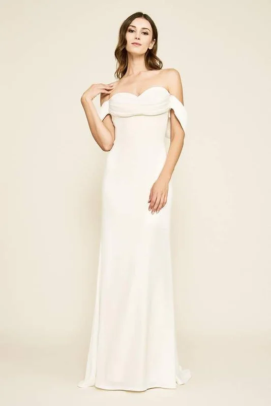 Dive Into Trendy Styles Tadashi Shoji - Amishta Off-The-Shoulder Crepe Gown ALG19170LBR - 1 pc Ivory In Size 4 Available