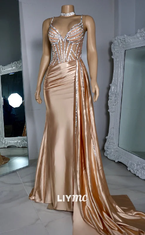 Feminine Grace LP2216 - V-Neck Sleeveless Beaded Ruched Mermaid Prom Dress