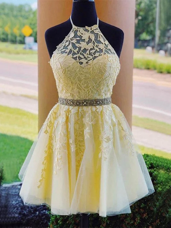 Unbeatable Prices A-Line/Princess Tulle Halter Sleeveless Applique Short/Mini Homecoming Dresses