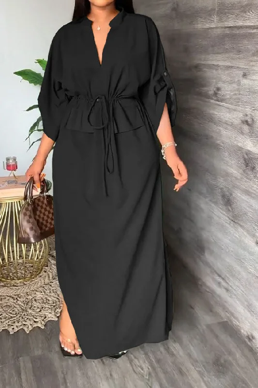 Top Deals Solid Color Chic Lace-Up Maxi Dress