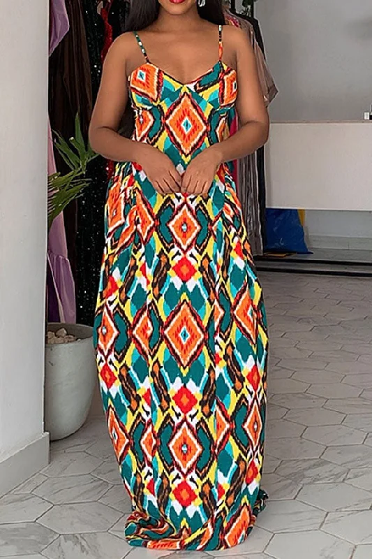 Special Offer Colorful Geometric Print Feminine Swing Maxi Dress