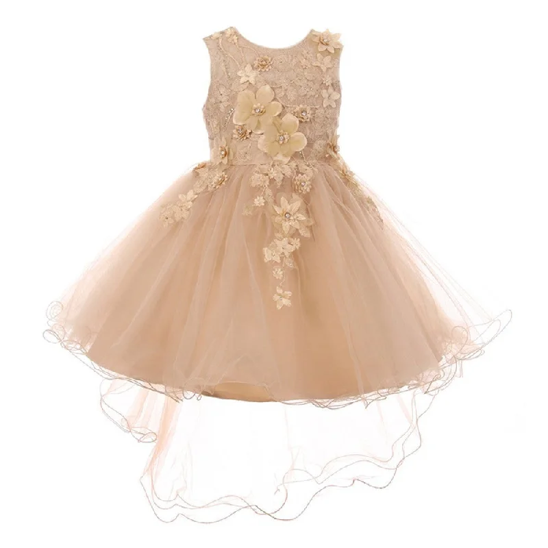 Best Sellers Little Girls Taupe 3D Floral Appliques Hi-Low Tulle Flower Girl Dress 2-6