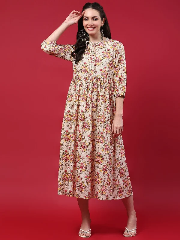 Effortless Style Women Beige Floral Printed Dress