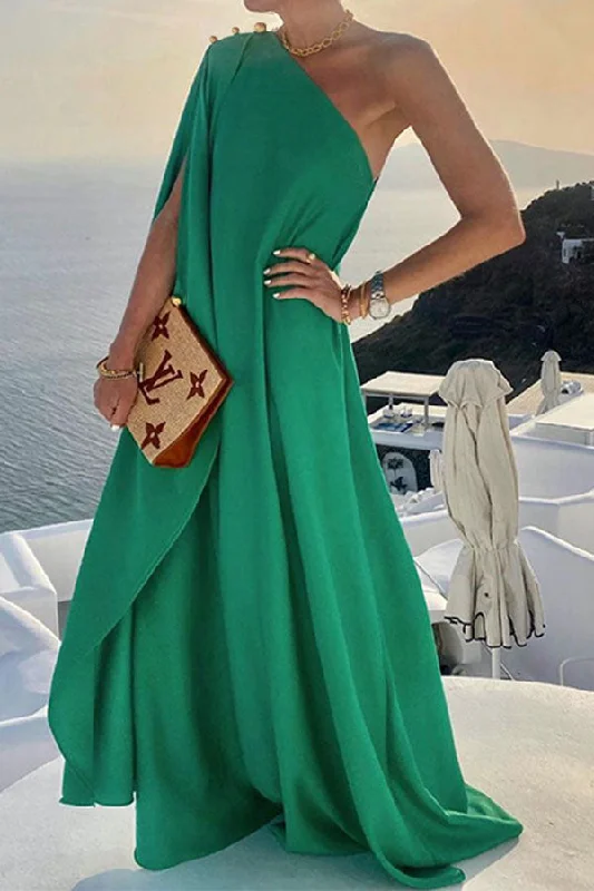 Shop Sale Items Solid Color Chic One Shoulder Flowy Maxi Dress