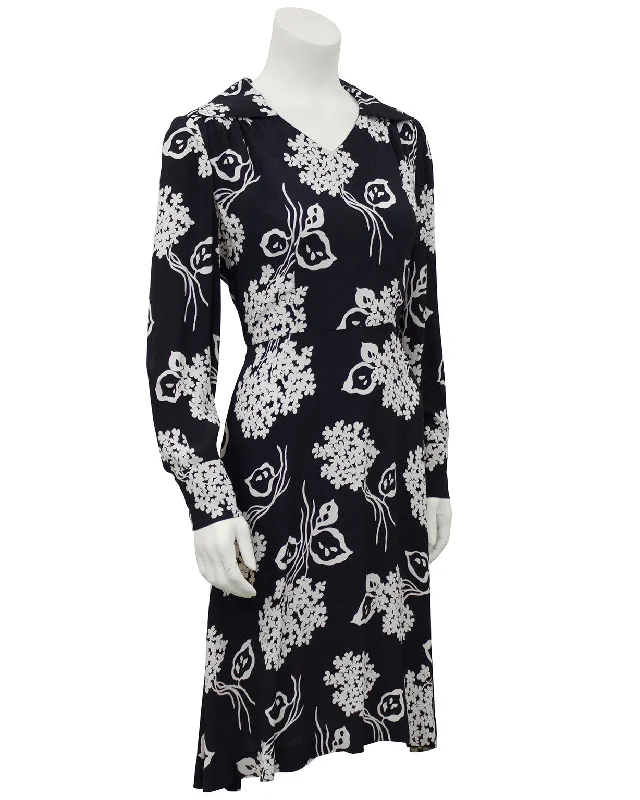 Feminine Elegant Black and Cream Floral Rayon Dress