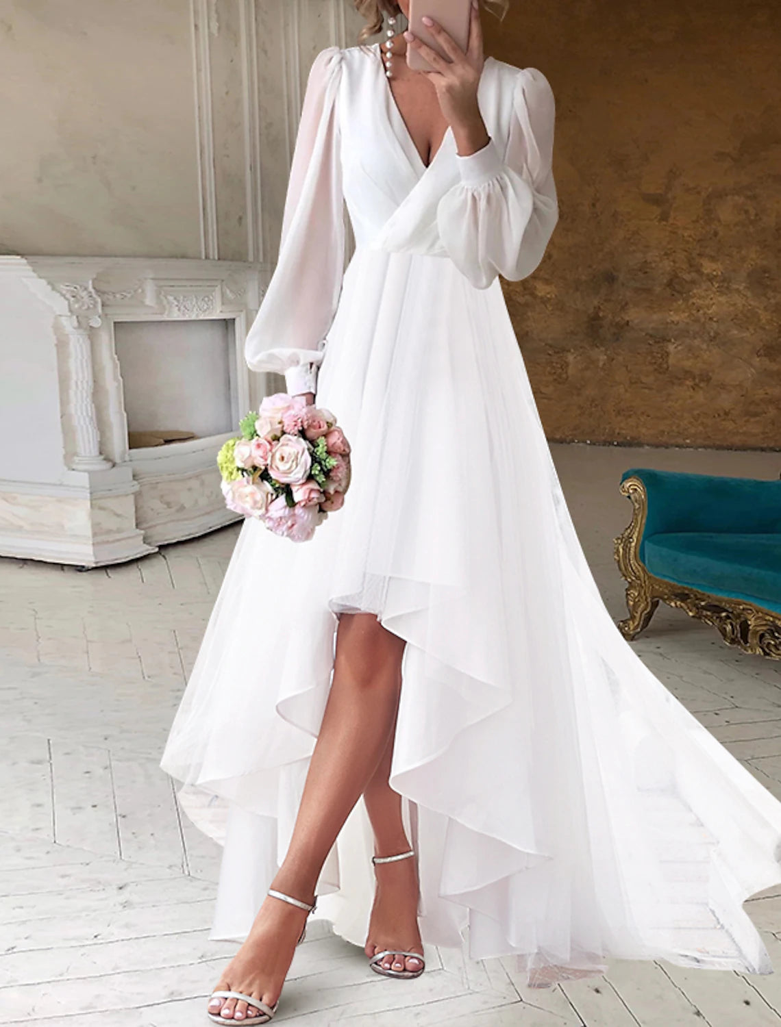 Trendy And Individual Women's Fashion Bridal Shower Wedding Dresses Little White Dresses Simple A-Line V Neck Long Sleeve Asymmetrical Chiffon Bridal Gowns With Solid Color Summer Wedding Party