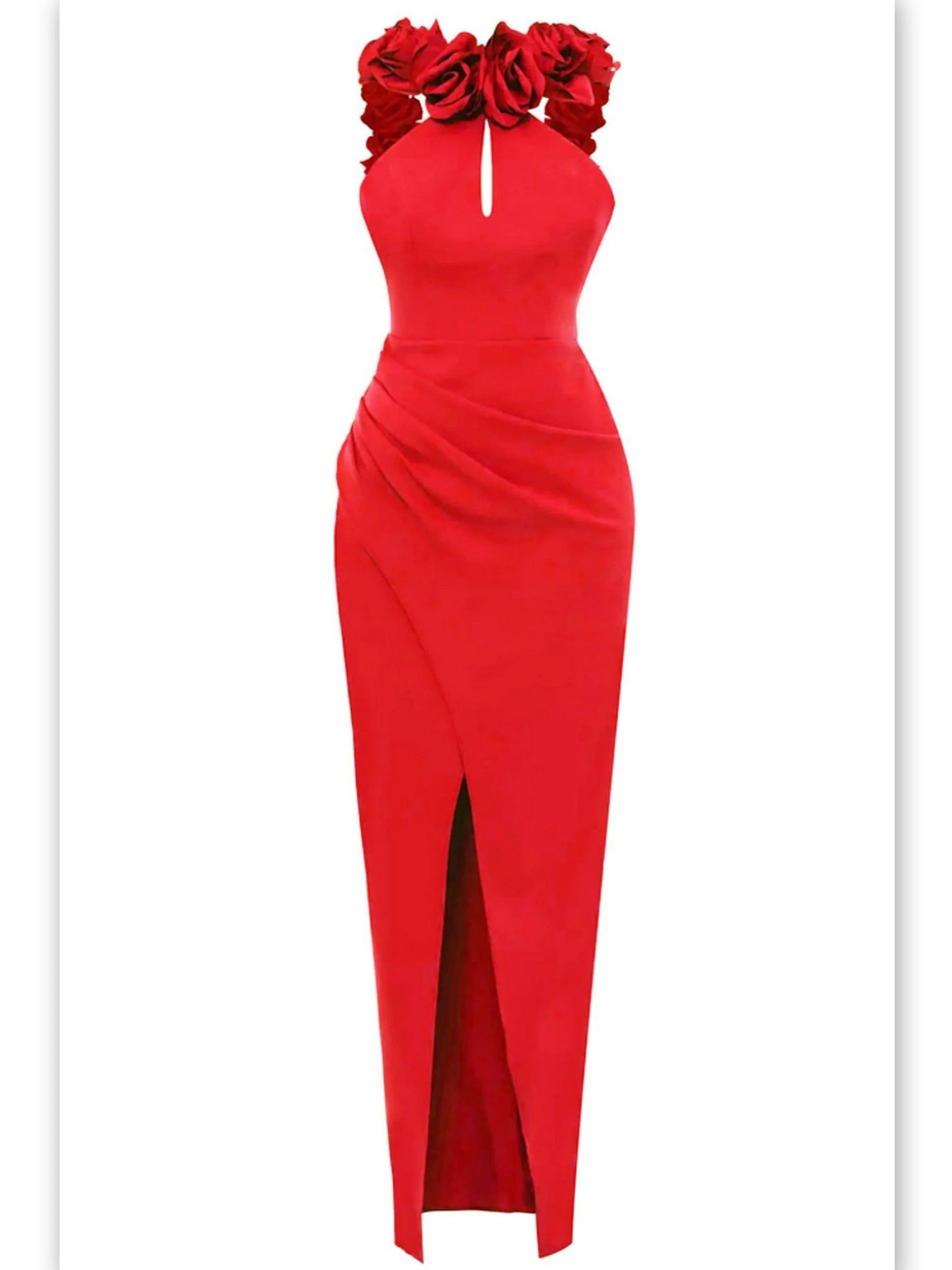 Style Redefined Backless Red Rose-Appliques Maxi Dress