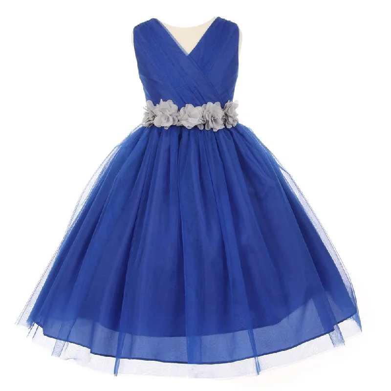 Summer Deals Little Girls Royal Blue Silver Chiffon Floral Sash Tulle Flower Girl Dress 2-6