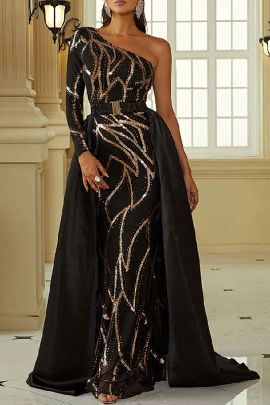 The Latest Trends Sequined Luxe One Shoulder Trailing Maxi Dress