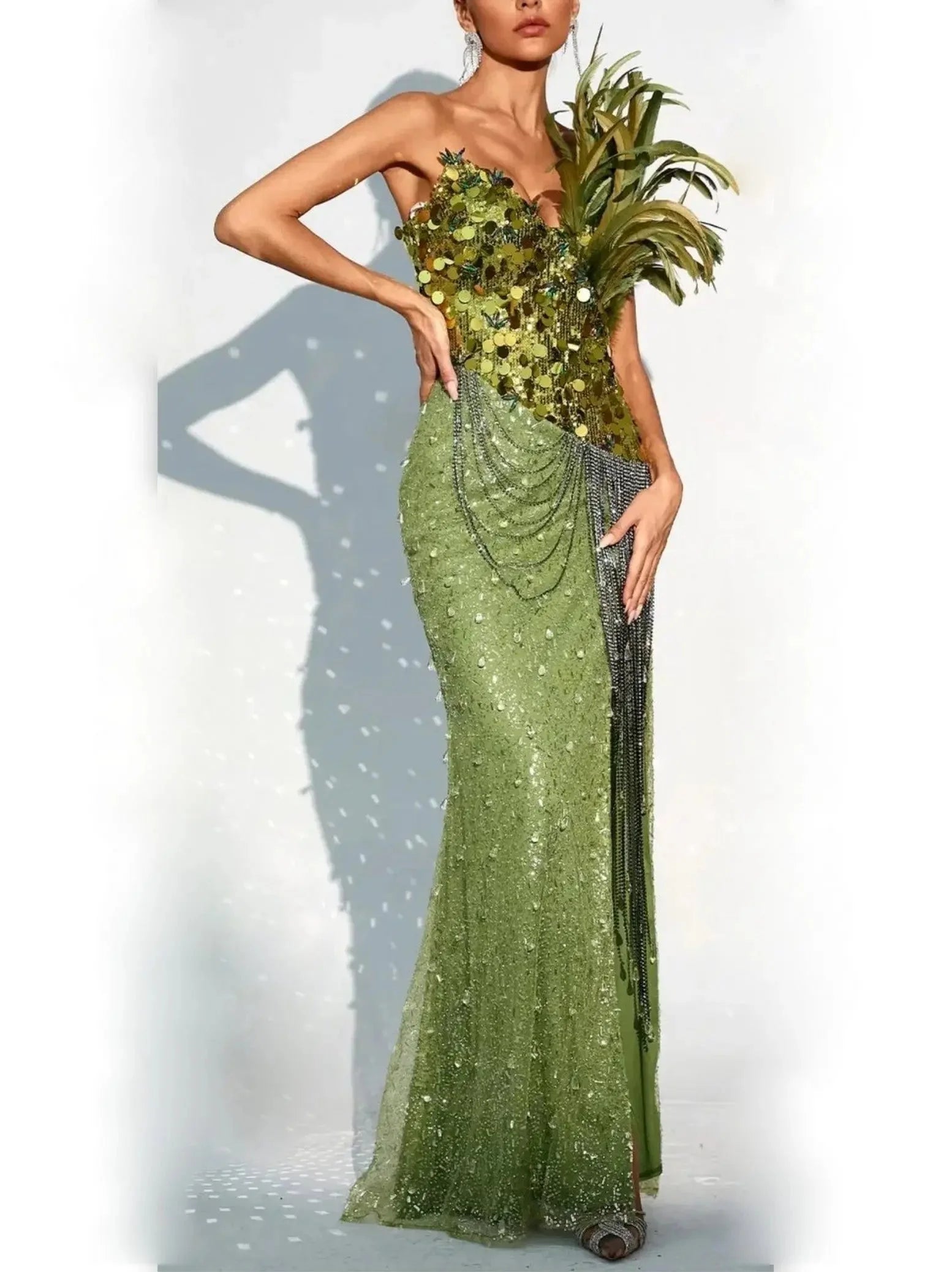 Special Occasion Wear Draped Chain, Feather and Sequin-Embellished Maxi Dress