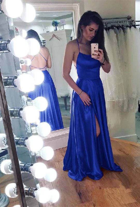 Massive Savings Spaghetti Straps Backless Sleeveless A Line Long Prom Dress With Front Split         S6274